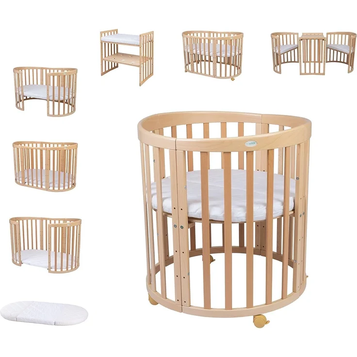 Waldin Oval Babybett Mitwachsend Komplett Set 7in1 - Baby Gitterbett mit Matratze - Babybetten mit Wickelkommode - Baby Bett mit Rollen - Mitwachsendes Kinderbett - Baby Bed - Beistellbett Holz
