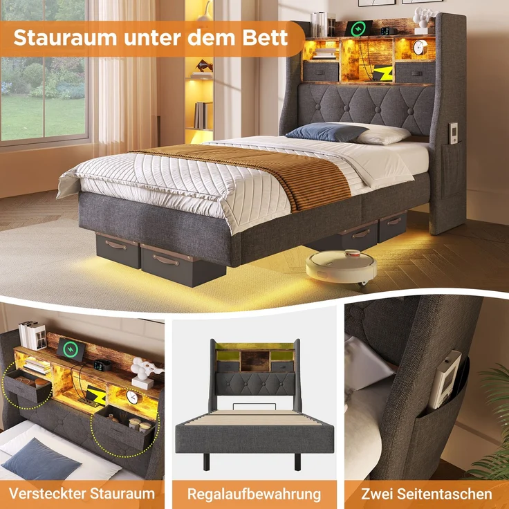 Polsterbett 90x200 cm Schwebebett mit LED-Beleuchtung, Kopfteil und Ladestation(1 Type-C, 3 USB-Anschlüsse), Modern Einzelbett mit Stauraum-Kopfteil und lattenrost, Leinen, Grau(Ohne Matratze) – Bild 5
