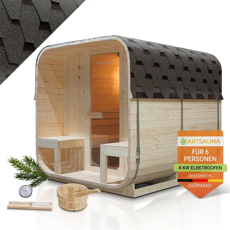 Artsauna Fasssauna Nolvik XXL, Outdoor-Sauna aus Fichtenholz, 8 kW Ofen, LED, Komplettset mit Sanduhr, Eimer & Thermometer, winterfest, Cube Design – Bild 1