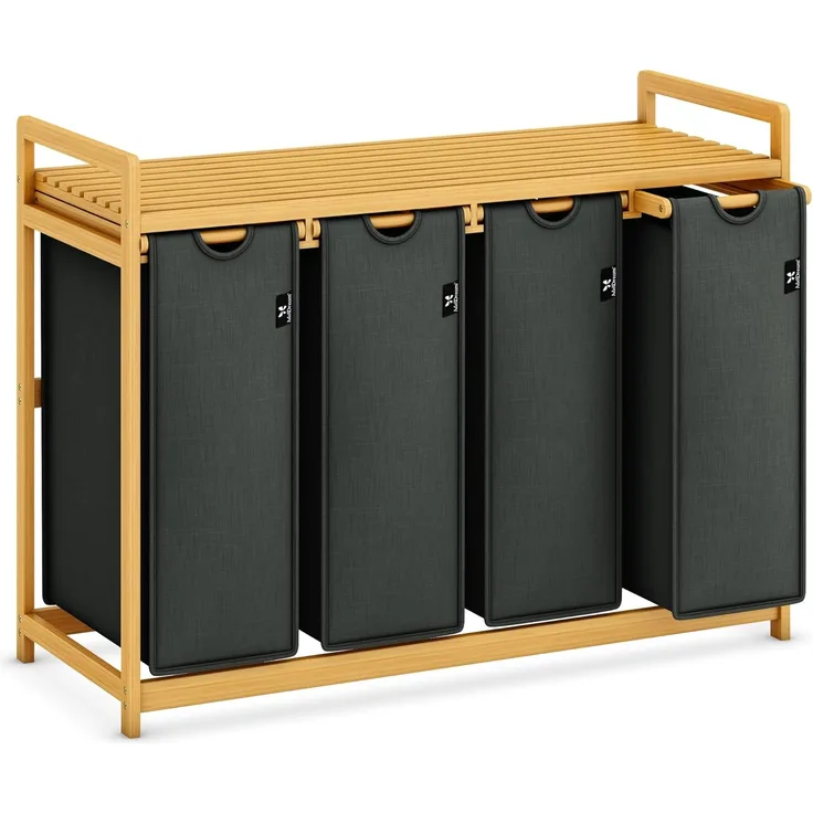 AdelDream Wäschekorb mit Bambusrahmen,200 l, 4 Fächer,Wäschesortierer