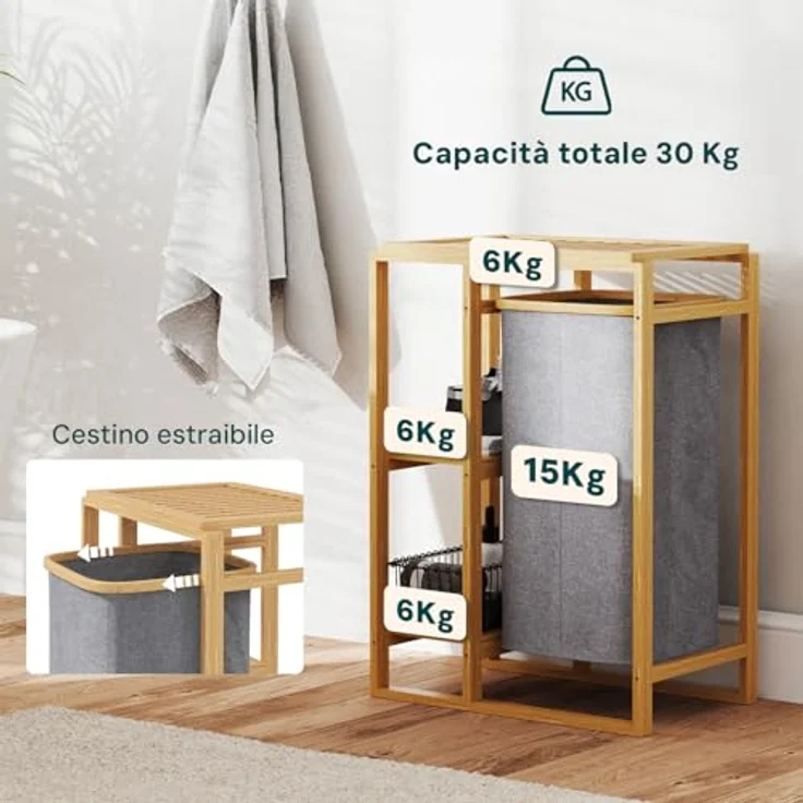 Avilia Badezimmerschrank aus Bambus mit Wäschekorb aus Stoff und 2 Einlegeböden – 50 x 30 x 70 cm – Fassungsvermögen des Korbs 15 kg, Ablagen 6 kg – Korb für schmutzige Tücher, geeignet für Bad und – Bild 5