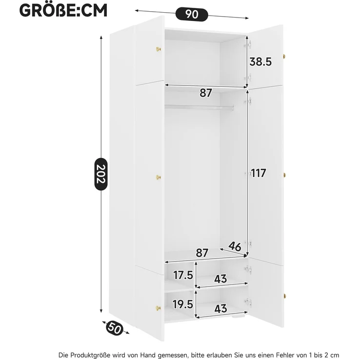 Abrihome Kleiderschrank Hochschrank, Weiß, 90x50x200 cm, 1 Kleiderstange, 5 Staufächer – Bild 5