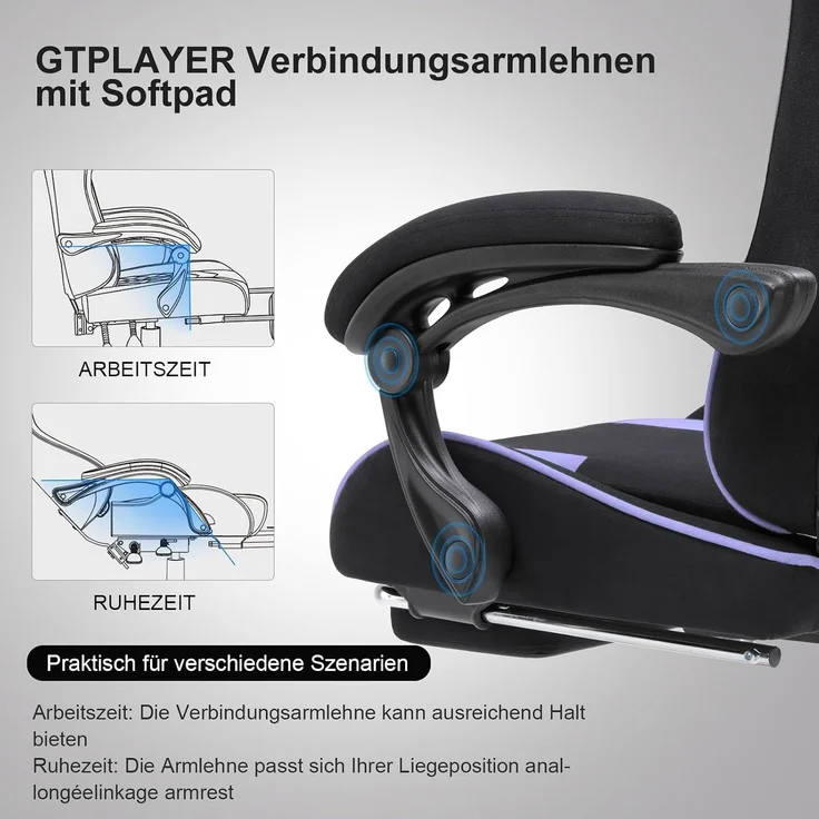 GTPLAYER Gaming Stuhl Stoff, Bürostuhl Massage Gaming Sessel Ergonomischer Gamer Stuhl mit Fußstütze, Kopfstütze Massage-Lendenkissen, Gepolstert Gaming Chair, Drehsessel, lila – Bild 3