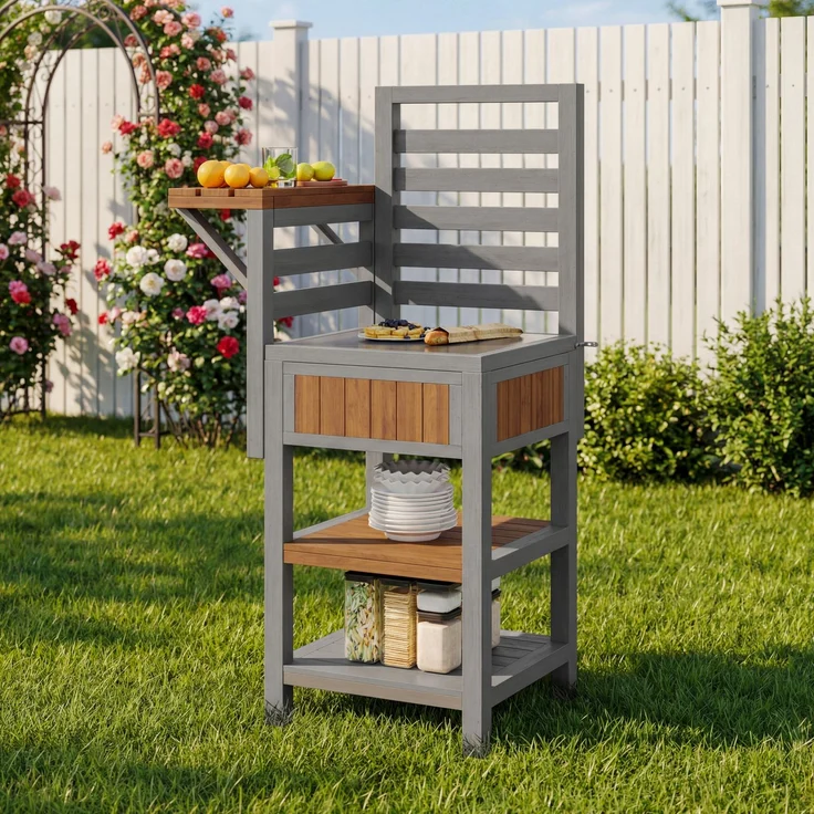 Merax Gartenschrank Holz Outdoor wetterfest – Geräteschrank mit großer Edelstahl-Arbeitsfläche & doppeltem Ablageboden, Grillstation mit zusätzlichem Stauraum, wetterbeständiger Küchenschrank – Bild 1