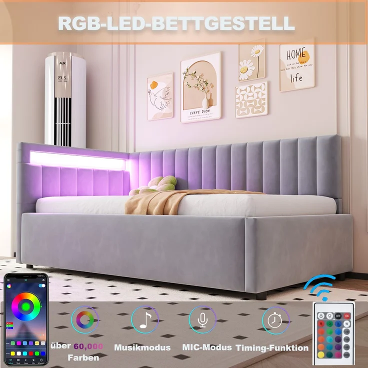 Merax Polsterbett Schlafsofa 90x200, mit LED-Beleuchtung und hydraulischem Stauraum, klassisches vertikales Streifendesign, seitliche Kopfteile mit austauschbaren Positionen, Lattenrost, Samtstoff, Hellgrau – Bild 2