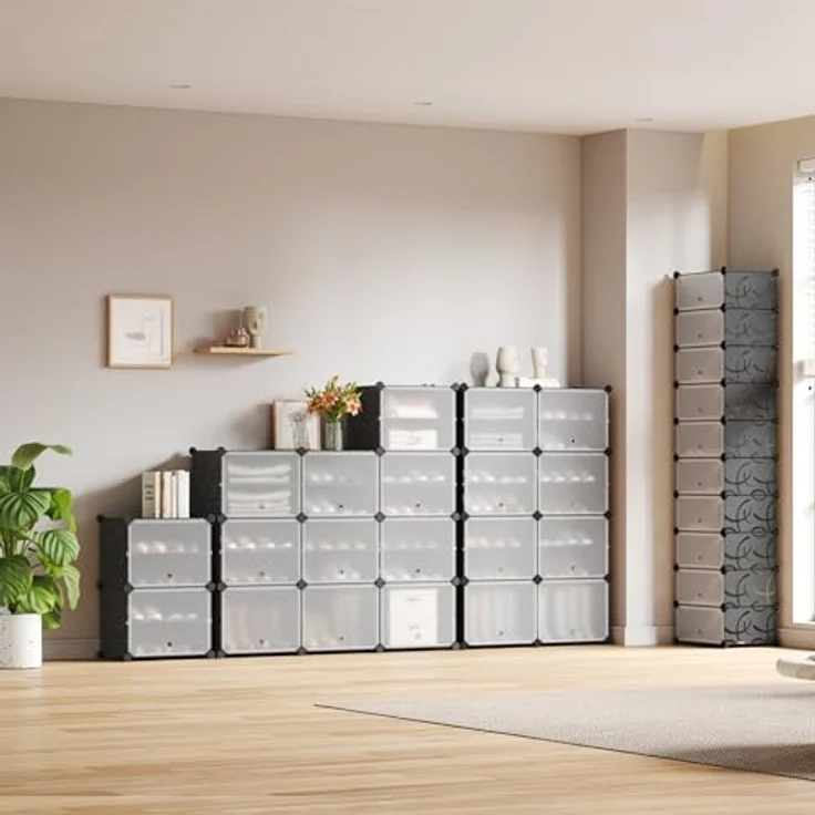 Mondeer Schuhregal, Kunststoff Schuhschrank, Modulares Schuhaufbewahrung mit Tür, Staub- und Wasserabweisend, Platzsparendes, 10 Fächer für Foyer, Schlafzimmer, Wohnzimmer, für 20 Paar Schuhe, Schwarz – Bild 7