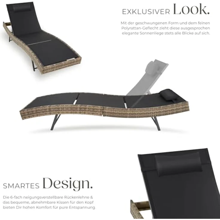 tectake® Sonnenliege, 6-Fach verstellbare Rückenlehne, Gartenliege wetterfest, Poolliege mit Kopfkissen, Outdoor Liege, UV-beständig, Strandliege für Garten, Terrasse und Balkon - Natur – Bild 4