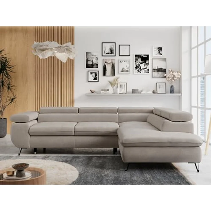 Mks Möbel 'Peter L-form' Ecksofa mit Bettfunktion, Bettkasten & einstellbaren Kopfstützen, Beige, Mikrofaser, rechts – Bild 3