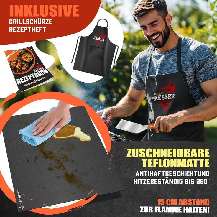 KESSER® Grillplatte Plancha aus Edelstahl 40x30cm rostfrei mit Fettablauf, hitzebeständig bis 800°C & Spülmaschinenfest für Gas & Holzkohlegrill inkl. 2 Spatel, Grillschürze, Grillmatte & Rezeptbuch Weiß, Plancha – Bild 9
