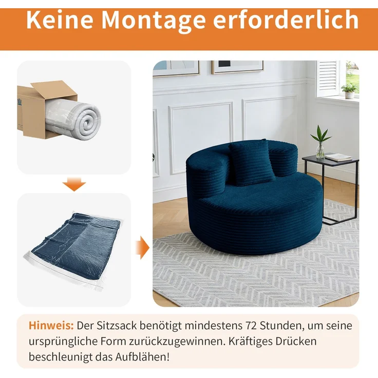DESVIAE Sitzsack mit Zusatzkissen 105x59x112 cm Kordstoff Blau – Bild 4