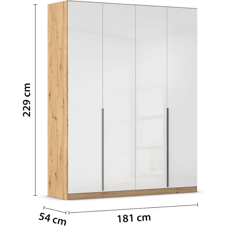Rauch Möbel Alabama, Kleiderschrank, Garderobenschrank, 4-türig, Zubehör Basic, 2 Kleiderstangen, 4 Einlegeböden, Farbe Hochglanz Weiß/Eiche Artisan, Holz, Griff Grau metallic, 181 x 229 x 54 cm – Bild 3