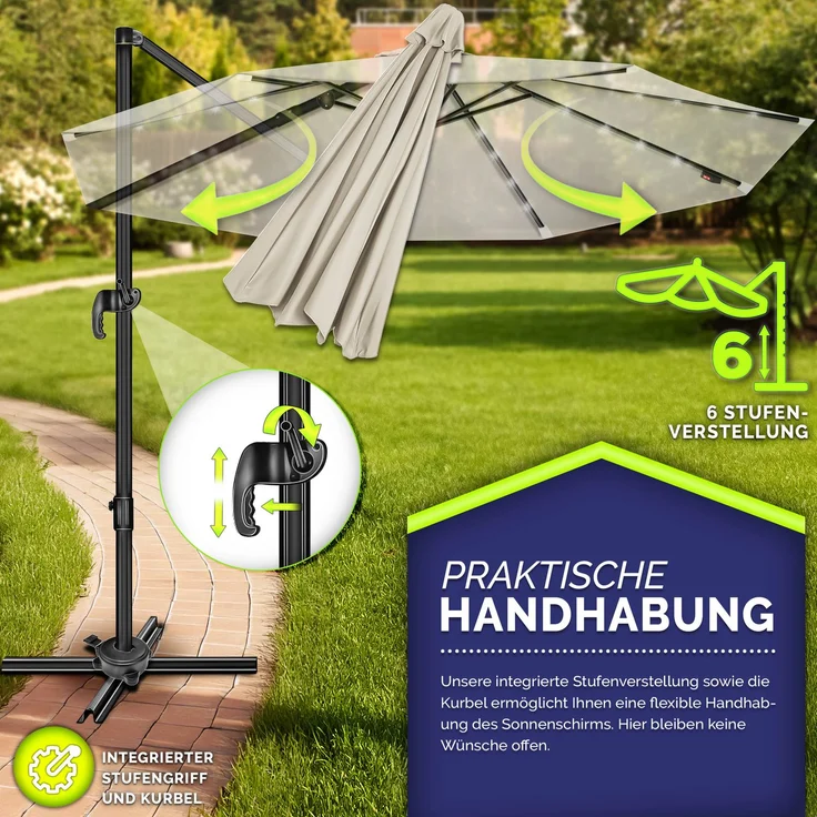 tillvex® Premium Alu Sonnenschirm 330 cm Beige + Abdeckung & Windsicherung | Ampelschirm 6-Fach Verstellbar mit Kurbel | Gartenschirm 360° Drehbar Neigbar Kippbar | Kurbelschirm UV50+ Groß wasserdicht – Bild 3