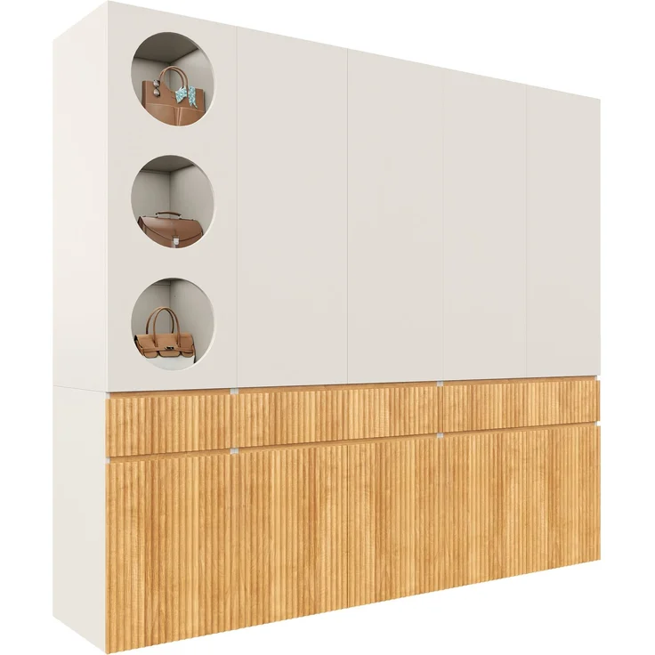 Drehtürenschrank 225 x 50 x 200 cm in heller Eichenoptik mit 10 Türen und 3 Schubladen – Bild 5