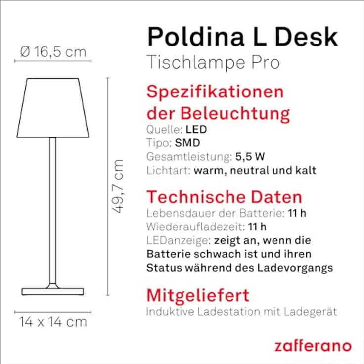 Zafferano Poldina L, Tragbare und Wiederaufladbare Tischlampe mit Touch Control, Dimmer und LED-Lichtquelle (2200-3000 K), Höhe 49,7 cm, Farbe Corten – Bild 4