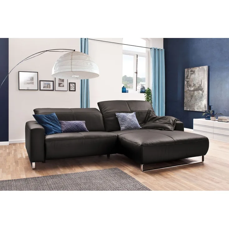 KAWOLA Sofa YORK Leder Life-line grey Recamiere rechts Fuß Metall Chrom matt 85 x 180 x 284 cm