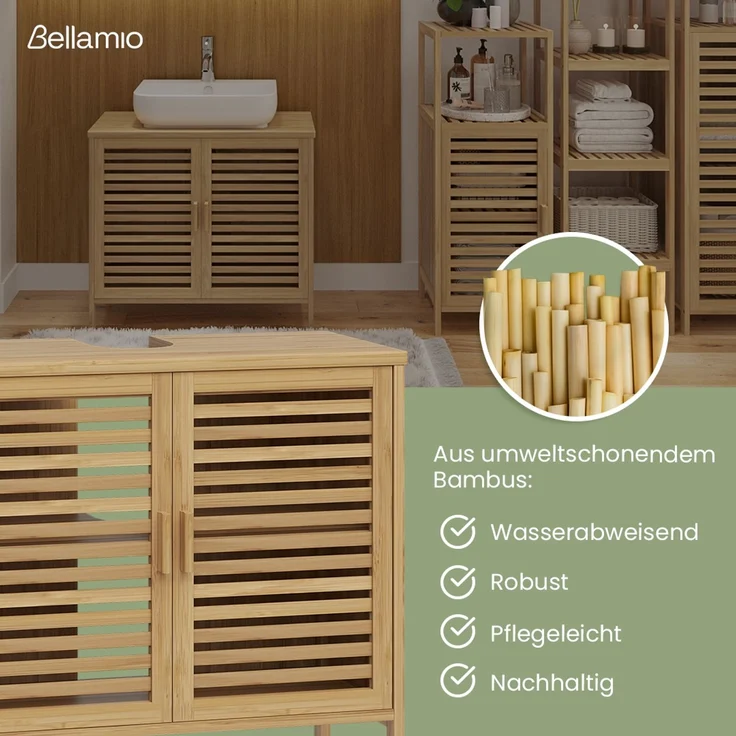 Bellamio 'Newa' Badezimmer Waschbeckenunterschrank, Bambus, natur, 60x33x65 cm, Badezimmerschrank mit 2 Ablagefächern – Bild 3