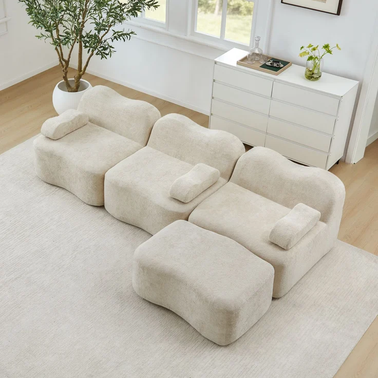 EINHOM 3-Sitzer L-förmiges Modulares Boneless Sofa mit 1 Ottoman, 32D Hochdichtschaum, Wellenform, tiefe Sitzfläche, bewegliches Armlehnenkissen, für Wohnzimmer, Beige – Bild 5