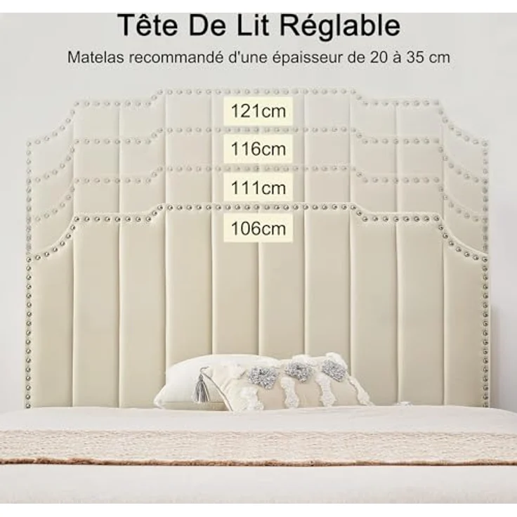 VECELO Doppelbett, gepolstert, 140 x 190 cm, Bettgestell mit Kopfteil, Lattenhalterung aus stabilem Holz, hochwertiger Samtstoff, einfach zu montieren, Beige – Bild 4
