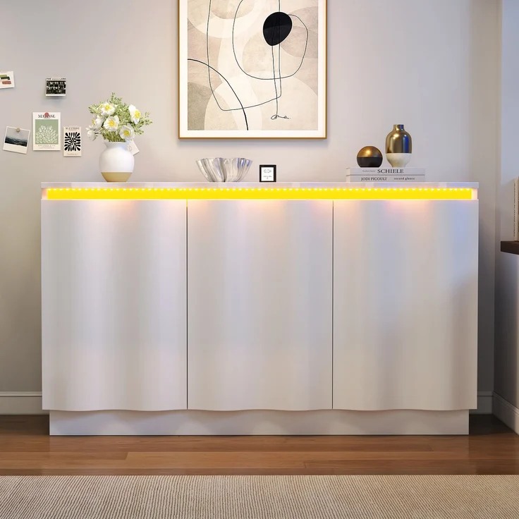 Flieks LED Sideboard, Wellenfront 3 Türen, verstellbaren Einlegeböden, 120 x 39.5 x 69.5 cm, Weiß – Bild 2