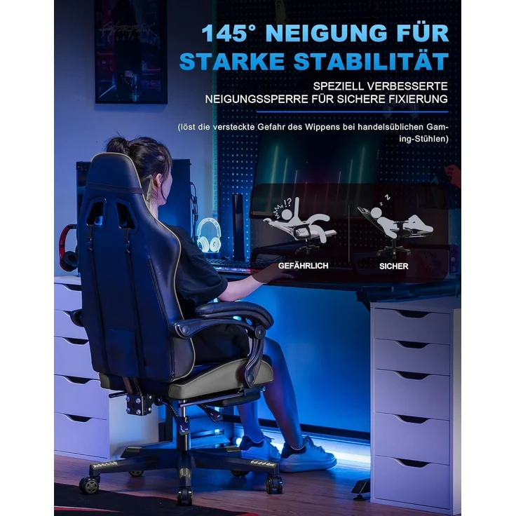 GTPLAYER Gaming Stuhl, Gamer Stuhl, Ergonomischer Bürostuhl mit mit Fußstütze verstellbare Lenden und Kopfkissen, Gaming Chair Gepolstert, Gaming Sessel 150 kg Belastbarkeit grau – Bild 9
