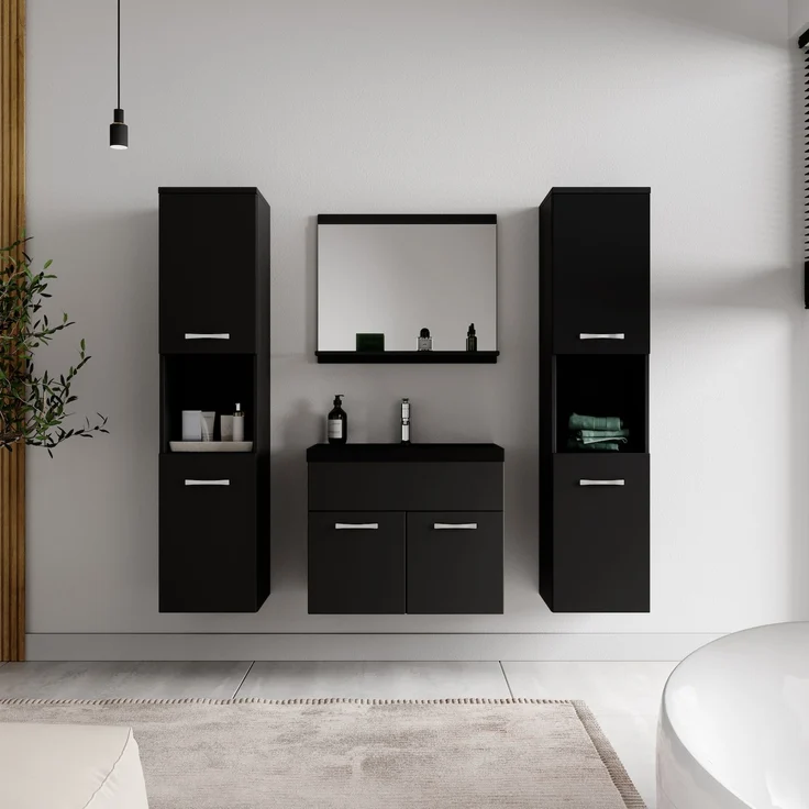 Badplaats Badmöbel Komplettset Montreal XL 60x35 cm Schwarz Matt - Badezimmermöbel mit Schwarze Waschbecken, Spiegel und 2 Badezimmerschränke – Bild 3