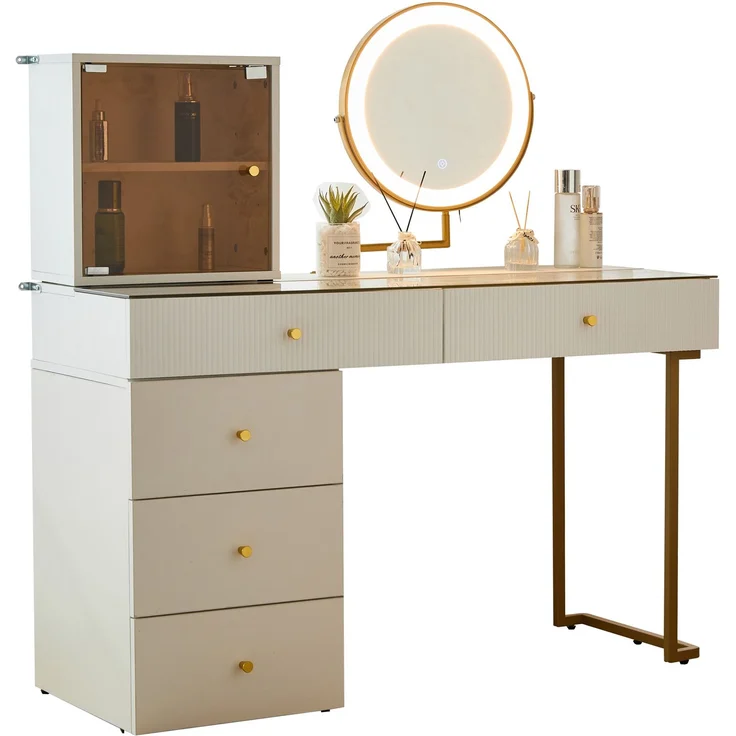 Schminktisch mit LED-Spiegel & flexiblen Regalen, weiß & gold modern Make-up Tisch,ohne Hocker – Bild 6