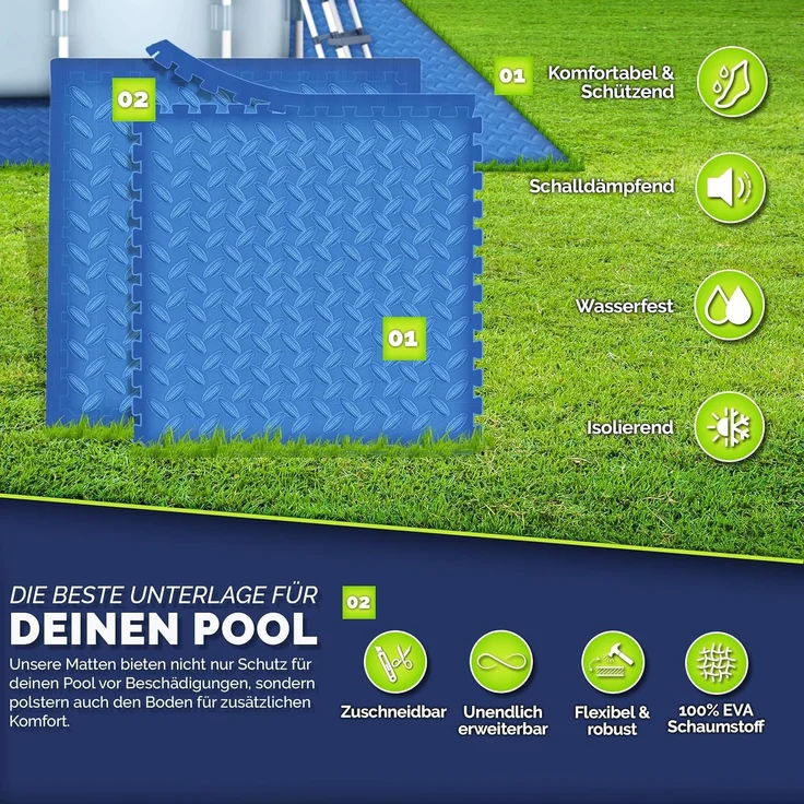 tillvex® Pool Bodenschutzmatte Blau - 48 Stück | Unterlegmatte für Pool & Planschbecken | Poolmatte Bodenmatte Outdoor | Poolunterlage Bodenschutz Matten wärmeisolierend | Whirlpool Bodenfolie weich – Bild 6