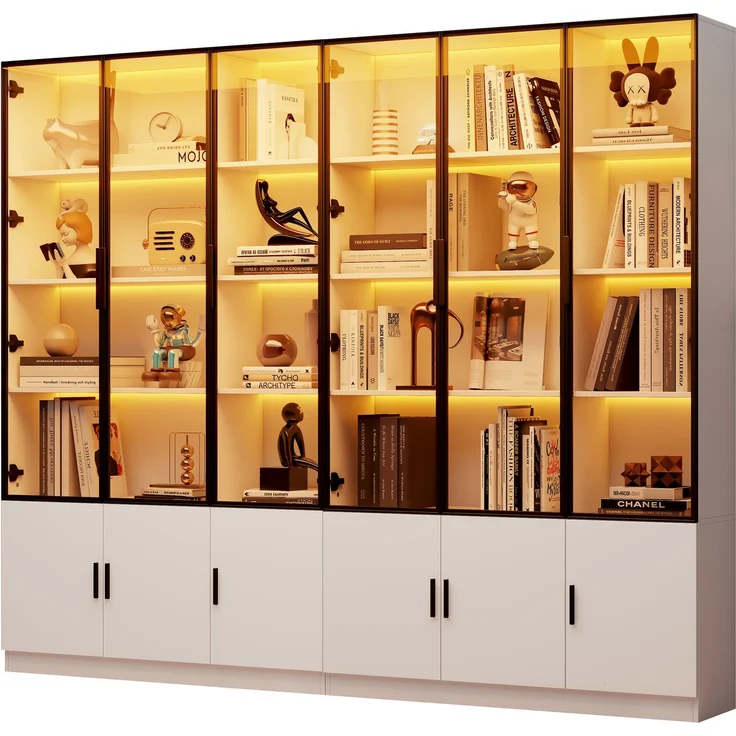 240*32*200cm Vitrine, Standvitrine mit 12 Schranktüren, Hochschrank, Glasvitrine mit LED, Wohnzimmerschrank 240 cm breit, Multifunktionsschrank, Großer Schrank, Weiß--Weiß--240x32x200cm--YOUDENOVA – Bild 10
