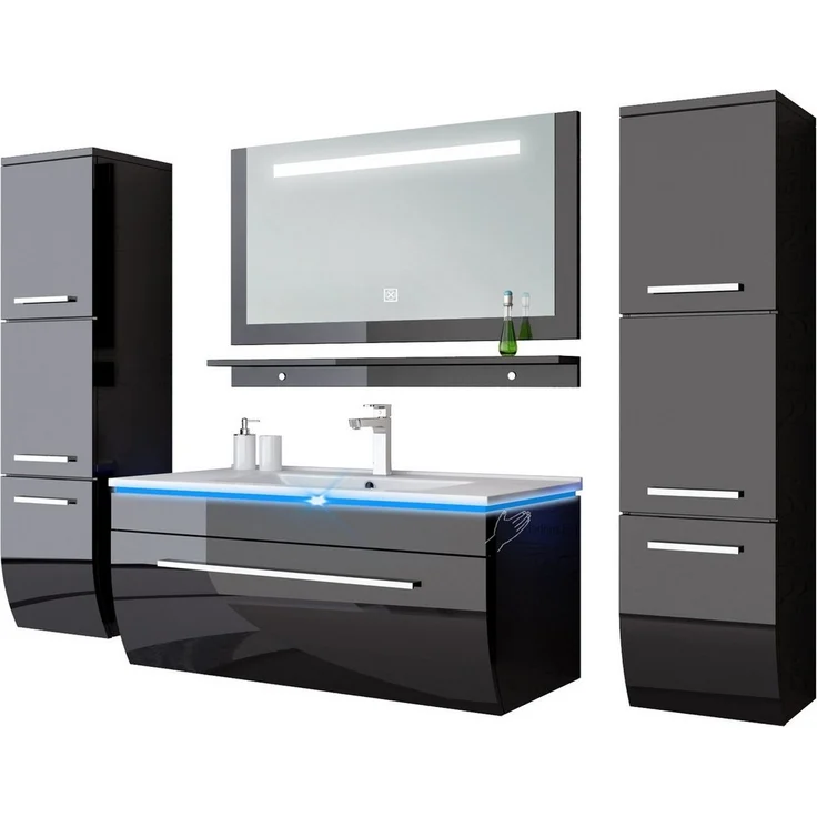 Homeline Badmöbel-Set Badmöbel Set Weiß Hochglanz lackiert LED System tauschsystem, (Komplette Set ohne wasch dich Armatur und Ablaufgarnitur, 6-St, Set Angebot), Hochglanz lackiert tauschsystem inklusiv LED – Bild 1