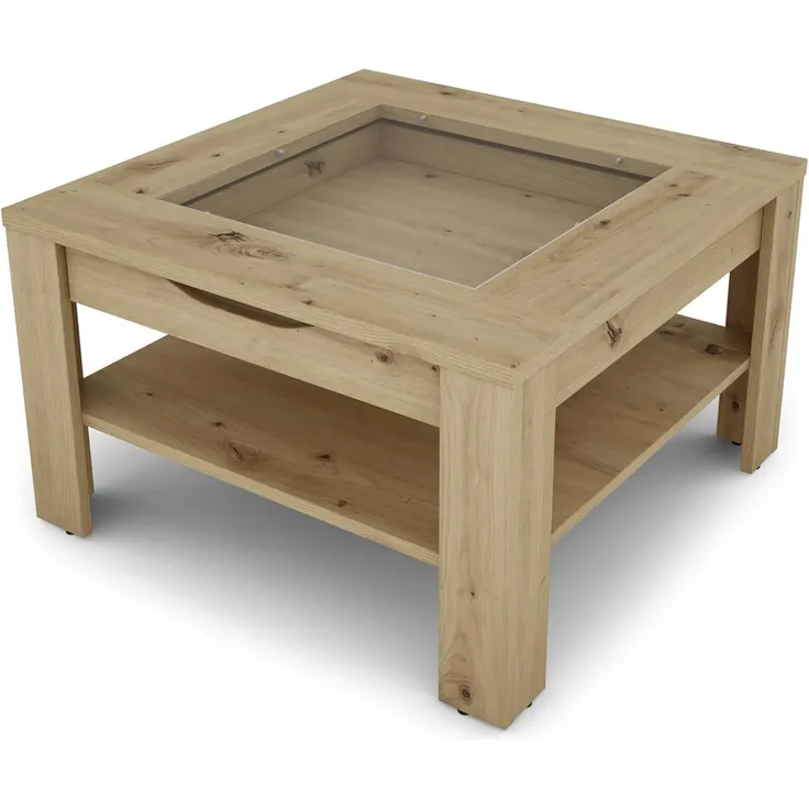 byLIVING Couchtisch RALPH / moderner Sofatisch mit Glaseinlage und großzügiger Schublade in Artisan Eiche Optik / Beistelltisch mit viel Stauraum / B 67, H 43, T 67 cm