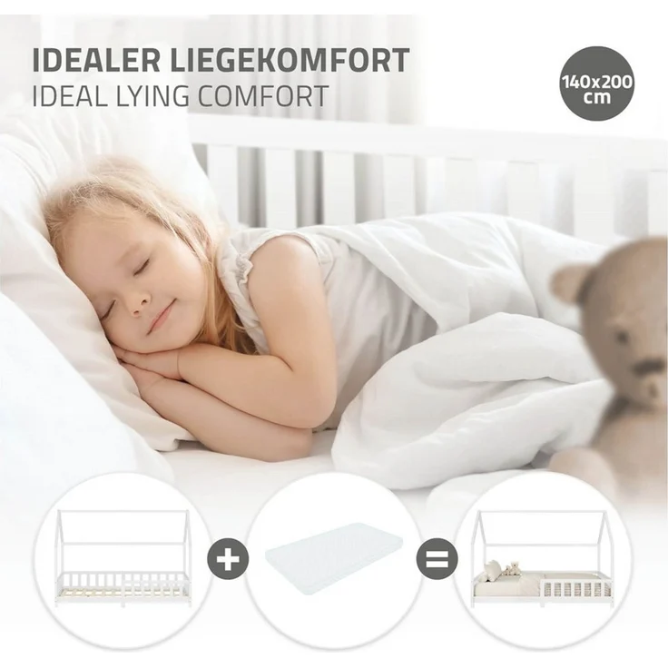 ML-DESIGN Spielbett Hausbett Kinderbett inkl. Lattenrost kreativ Bodenbett für Kinder, Abenteuerbett zum Spielen mit Rausfallschutz Kiefer Weiß Himmelbett – Bild 4
