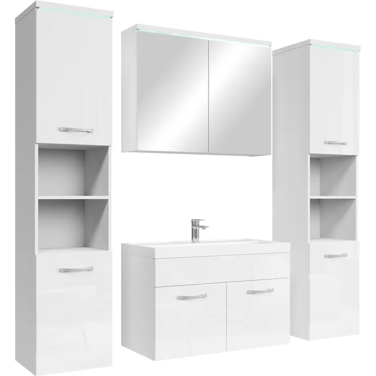 Badplaats Badmöbel Komplettset Paso XL LED 80 x 40 cm Weiß Hochglanz - Badezimmermöbel mit Waschbecken, Spiegelschrank und 2 Badezimmerschränke