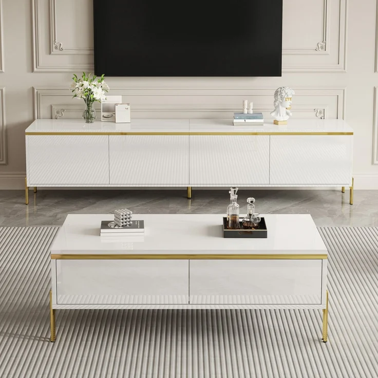 JARDJ Modernes Luxus-TV-Schrank- und Couchtisch-Set , Hochglänzende Oberfläche in Unifarbe , Goldene Kanten , Großzügiger Stauraum – Bild 8