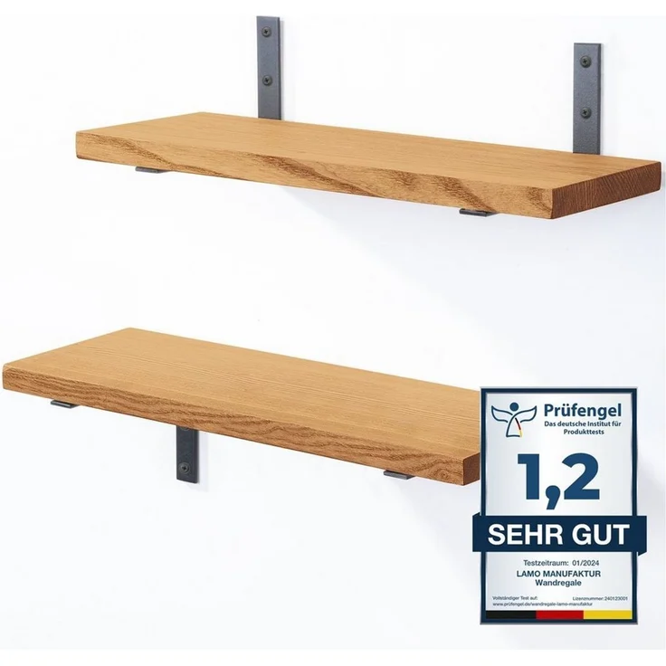 LAMO Manufaktur Wandregal LAMO Manufaktur 2 Stück Wandregal Holz 2x42 cm, Schweberegal Massiv 100% Echtholz, Wandregale SET 4 Gerade Farbe: Rustikal – Bild 1