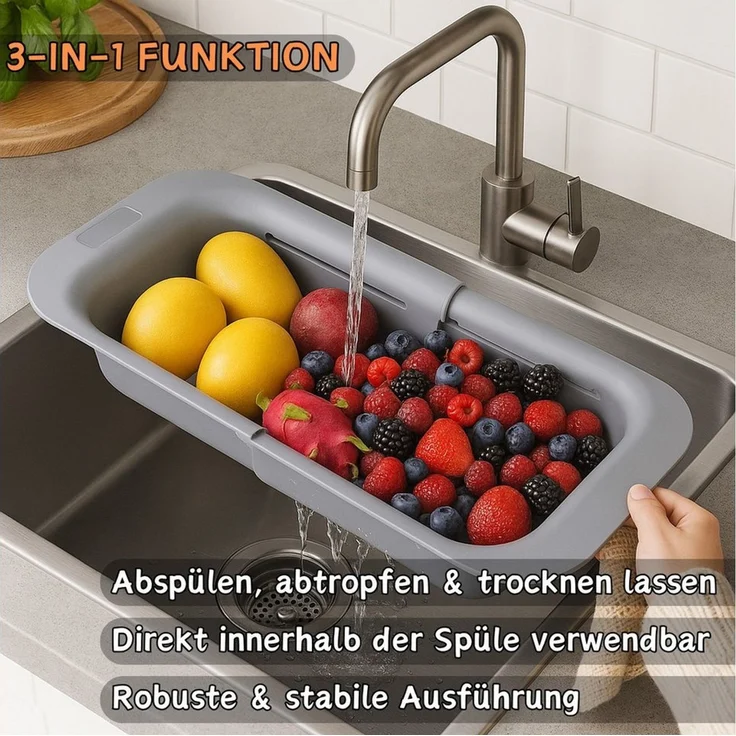 Engelland Küchensieb Ausziehbares Abtropfsieb für Spülbecken, Kunststoff, (Vorteils-Set, 1-St, lebensmittelecht), BPA-frei, flexibler Abtropfkorb, Nudelsieb, Seiher, robust, universell – Bild 2