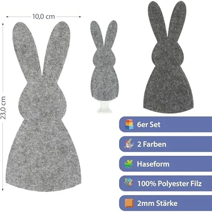 CEPEWA Eierbecher Eierwärmer Hase 6er Set Polyesterfilz grau anthrazit 10,5x23cm Ostern – Bild 2