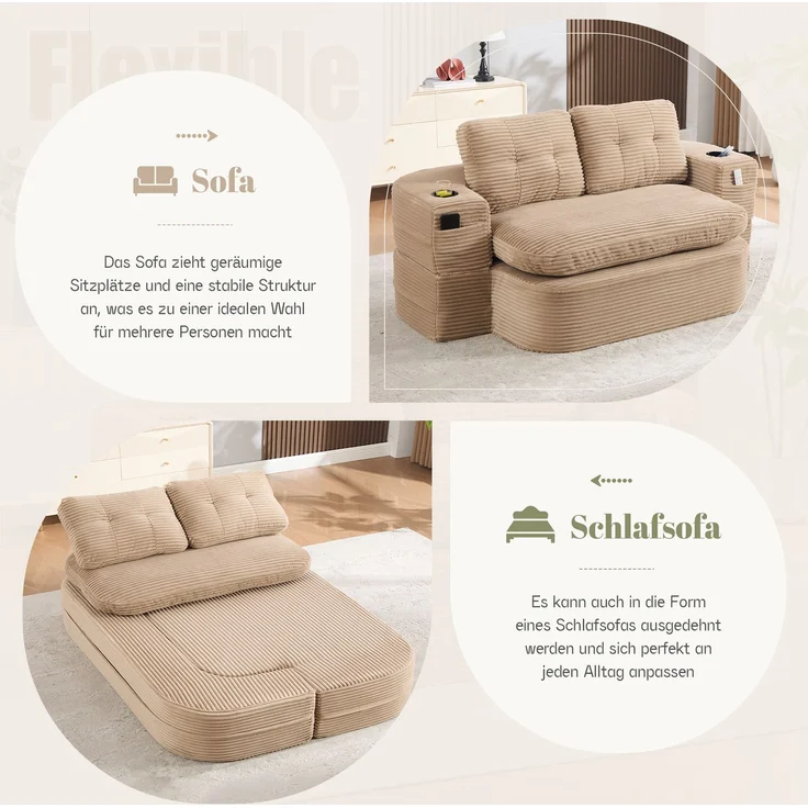 EINHOM Schlafsessel 2-in-1 aus Cord, Schlafsofa mit Liegefunktion, Komprimiertes Bodensofa mit Verstellbaren Armlehnen, 2 Getränkehaltern, Hoher Rückenlehne und Extra Tiefer Sitzfläche, Khaki – Bild 7