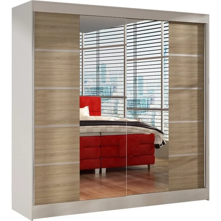 Schwebetürenschrank Basti V 200 cm mit Spiegel - Kleiderschrank mit 2 Türen, Kleiderstange und Einlegeboden, Schlafzimmerschrank, Schiebetürenschrank 200x215x58 cm (Weiß/Sonoma)