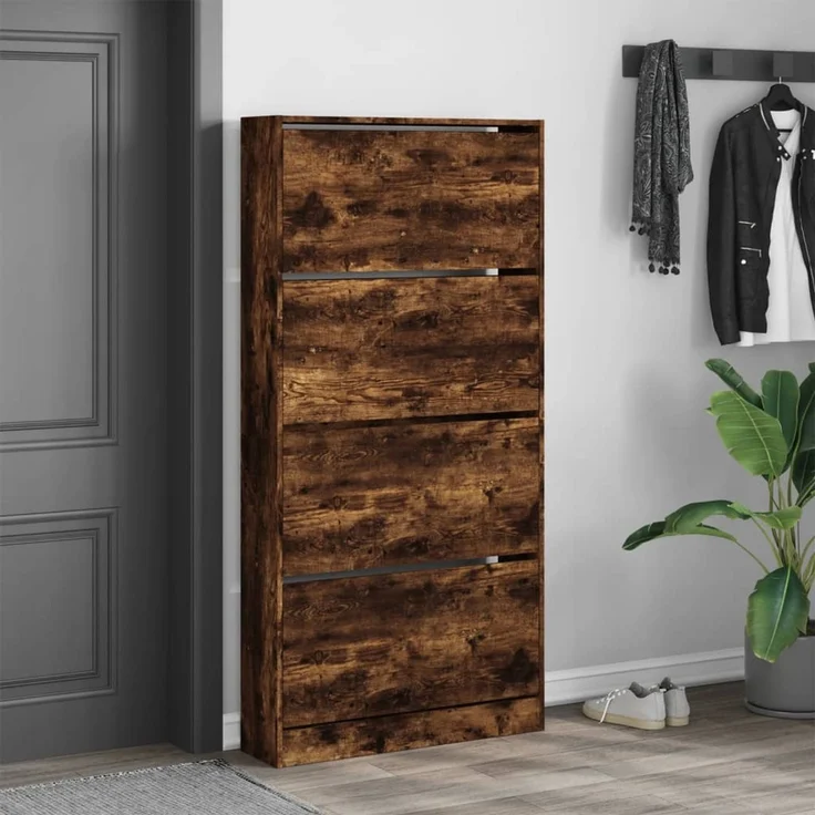 vidaXL Schuhschrank mit 4 Klappen Räuchereiche 80x21x163,5 cm 3214368 – Bild 2
