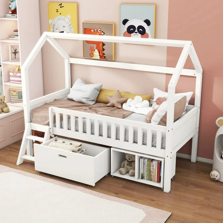 Merax Hausbett Kinderbett Jugendbett 200x90 Mit Schubladen und Ablagefächern Geeignet für Jungen und Mädchen Mit Anti-Drop-Geländer, Weiß – Bild 2