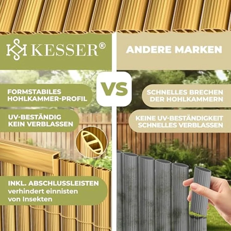 KESSER® PVC Sichtschutzmatte Sichtschutzzaun 100x400 cm Balkonverkleidung Windschutz verstärkte Lamellen für Garten Balkon & Terrasse Balkonumrandung inkl Kabelbindern, Abdeckung & Handschuhe Bambus – Bild 6