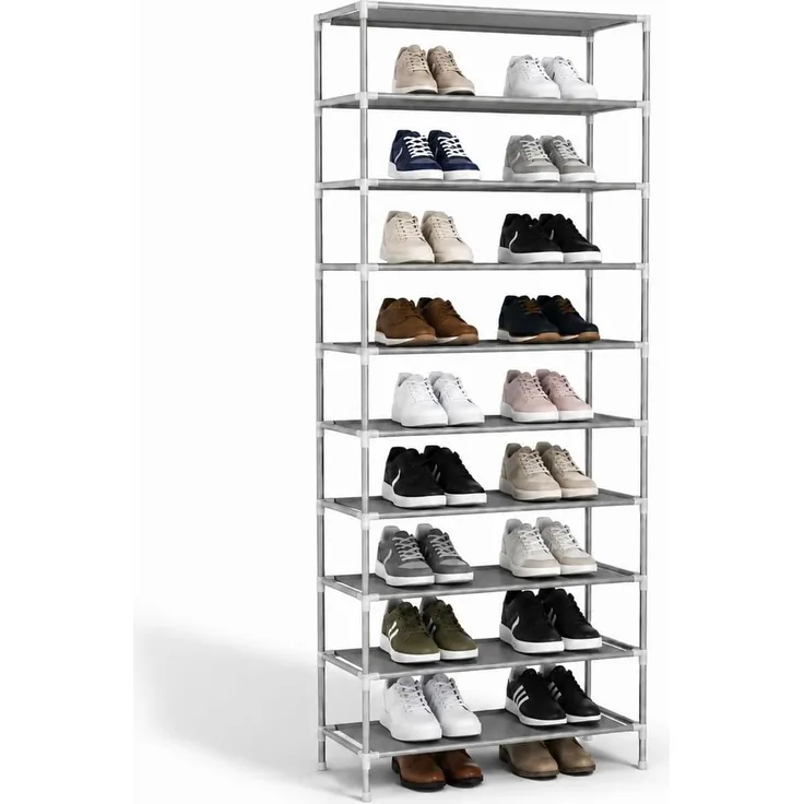 YaLiva_Decor® Schuhregal Höhenverstellbar, Aufbewahrungssystem für bis 35 Paar Schuhe, Metall grau, 55 x 27 x 155 cm