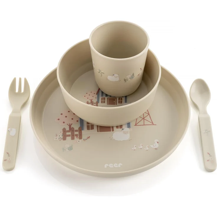 reer Kindergeschirr Set | Motiv: Little Farm | Biokunststoff-Geschirr für Kleinkinder aus 100% ISCC-zertifiziertem Material | 5-teilig | BPA-frei | spülmaschinengeeignet