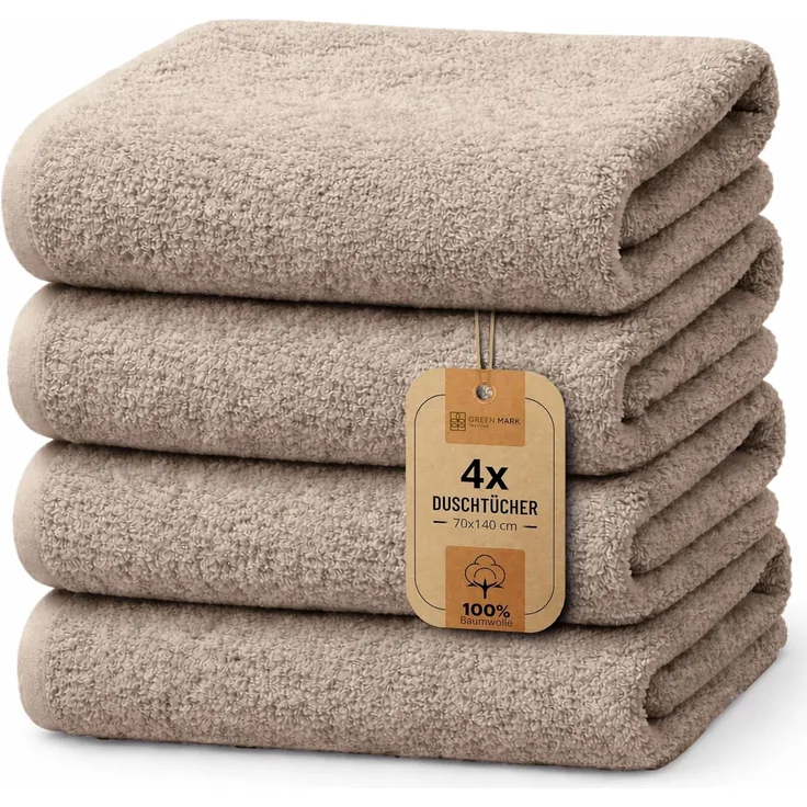 NatureMark 4er Pack Duschtücher, Größe 70x140 cm, Sand/Beige, 100% Baumwolle