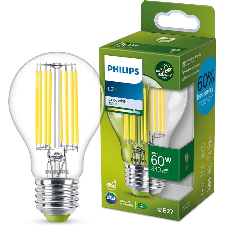 Philips LED Classic ultraeffiziente E27 Lampe, mit Energieeffizienzklasse A, ersetzt 60W, klar, kaltweiß