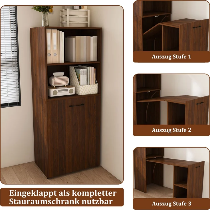 Schreibtisch mit ausziehbarer Tischplatte und Stauraumschrank in Nussbaum,136x126x55 cm – Bild 8