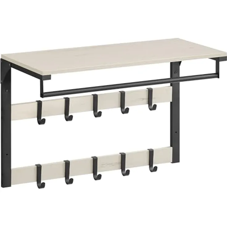 VASAGLE Wandgarderobe, mit Ablage, Wandregal mit 10 abnehmbaren Haken, Hängeregal, Wandmontage, 2 Garderobenleisten, Kleiderstange, für Flur, Schlafzimmer, Badezimmer, vintageweiß-schwarz LCRDE101W03