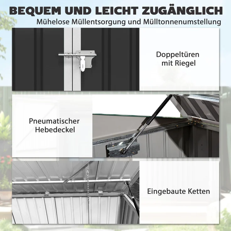 JARDJ Mülltonnenbox für 2 Mülltonnen aus verzinktem Stahl Müllbox mit Klappdeckel Gasdruckfeder Doppeltür Belüftungsöffnungen,179,5 x 108 x 129,5cm, Dunkelgrau – Bild 7