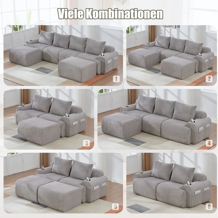 DESVIAE Sofa modular mit Getränkehalter und Seitentasche 268x80x174 cm Cord Hellgrau – Bild 4
