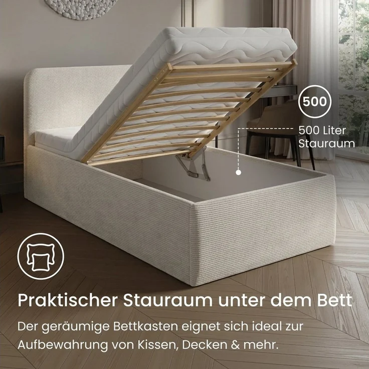 Home Collective Polsterbett Bett mit Stauraum, verstellbarem Lattenrost, viele Größen (Größen: 100x200 120x200 140x200 160x200 180x200 200x200, hochwertiger Kordstoff, made in Germany), wählbare Matratze Federkern oder Kaltschaum, Hellbeige – Bild 4